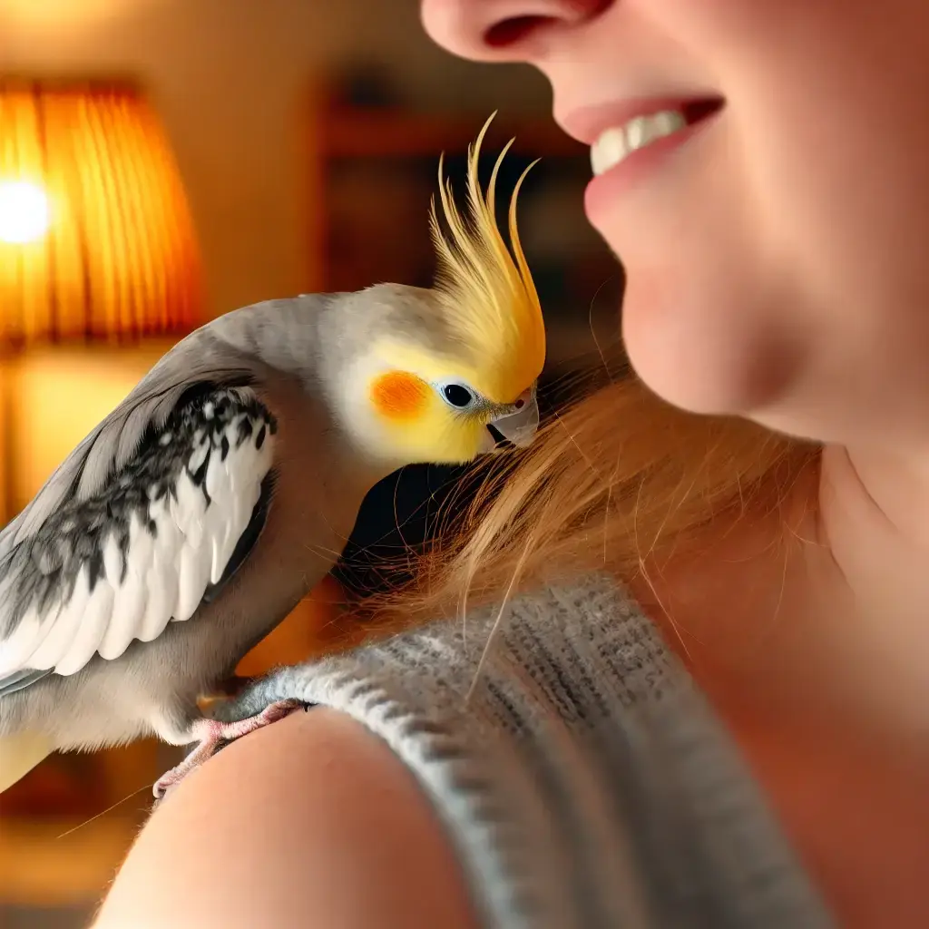 Cockatiel nuzzling a human, a sign of trust and affection.