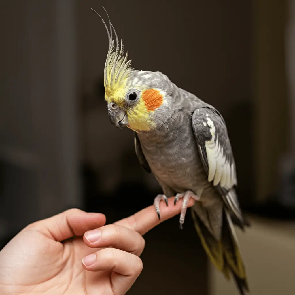 Cockatiel stepping onto a human hand, a key training milestone.