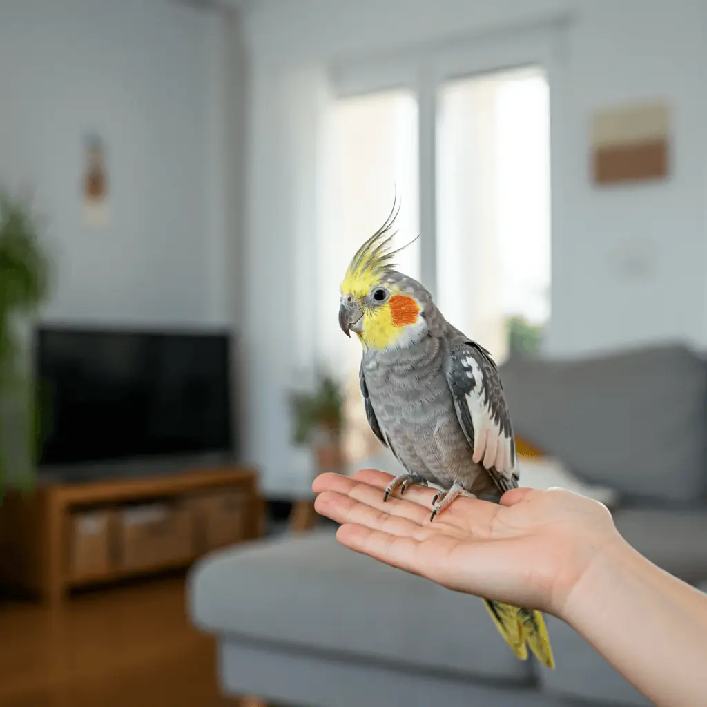 A cockatiel steps onto a human hand, showcasing its training and trust.