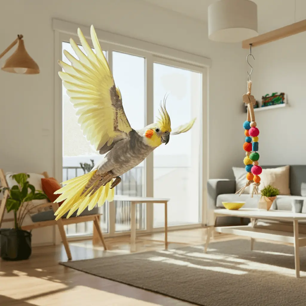 Cockatiel flying inside a bright living room.