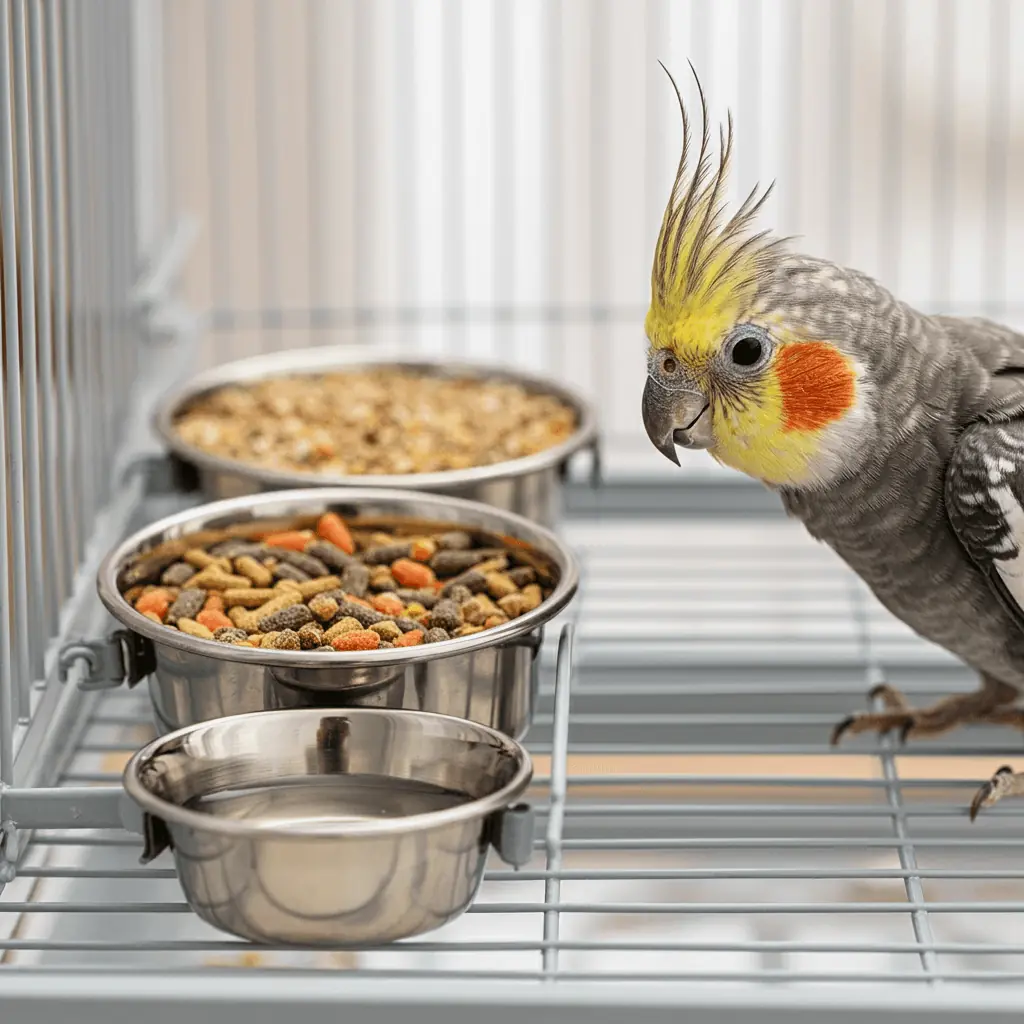 Cockatiel inspecting its food in stainless steel bowls.