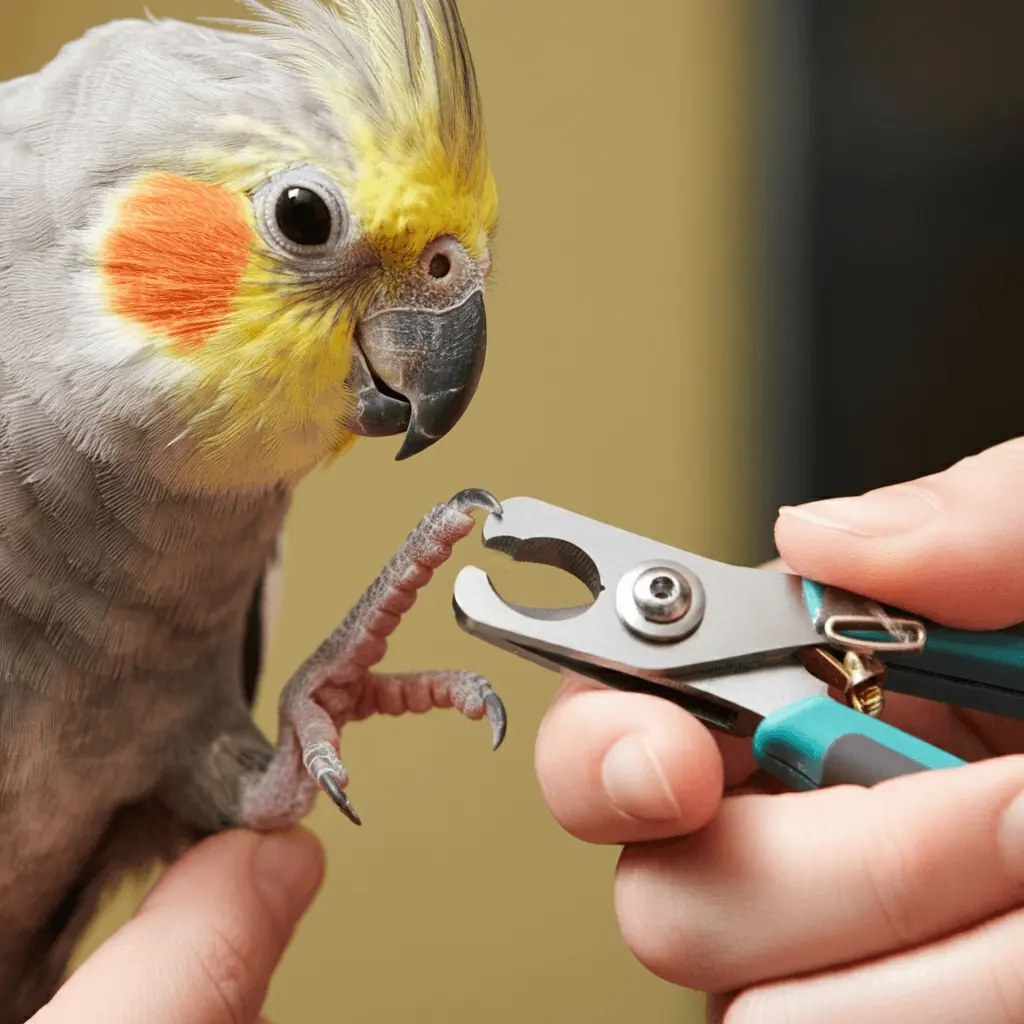 Cockatiel’s nails being carefully trimmed with bird-safe nail clippers.