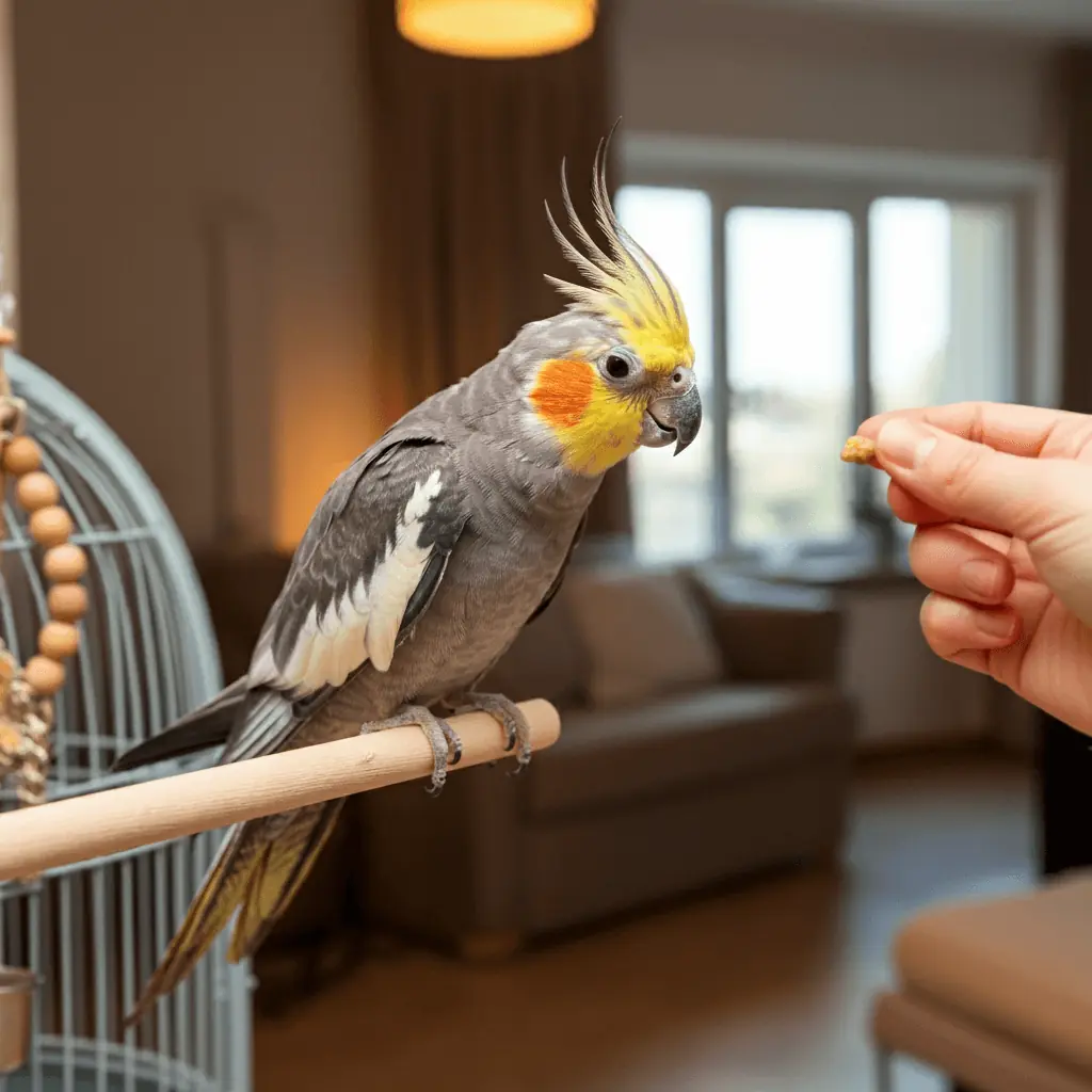 Cockatiel receiving a treat from a person’s hand.