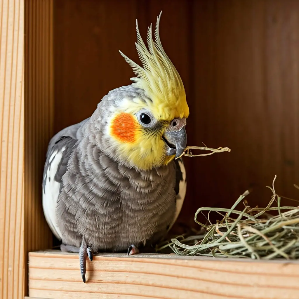 Female cockatiel preparing a nest for mating.