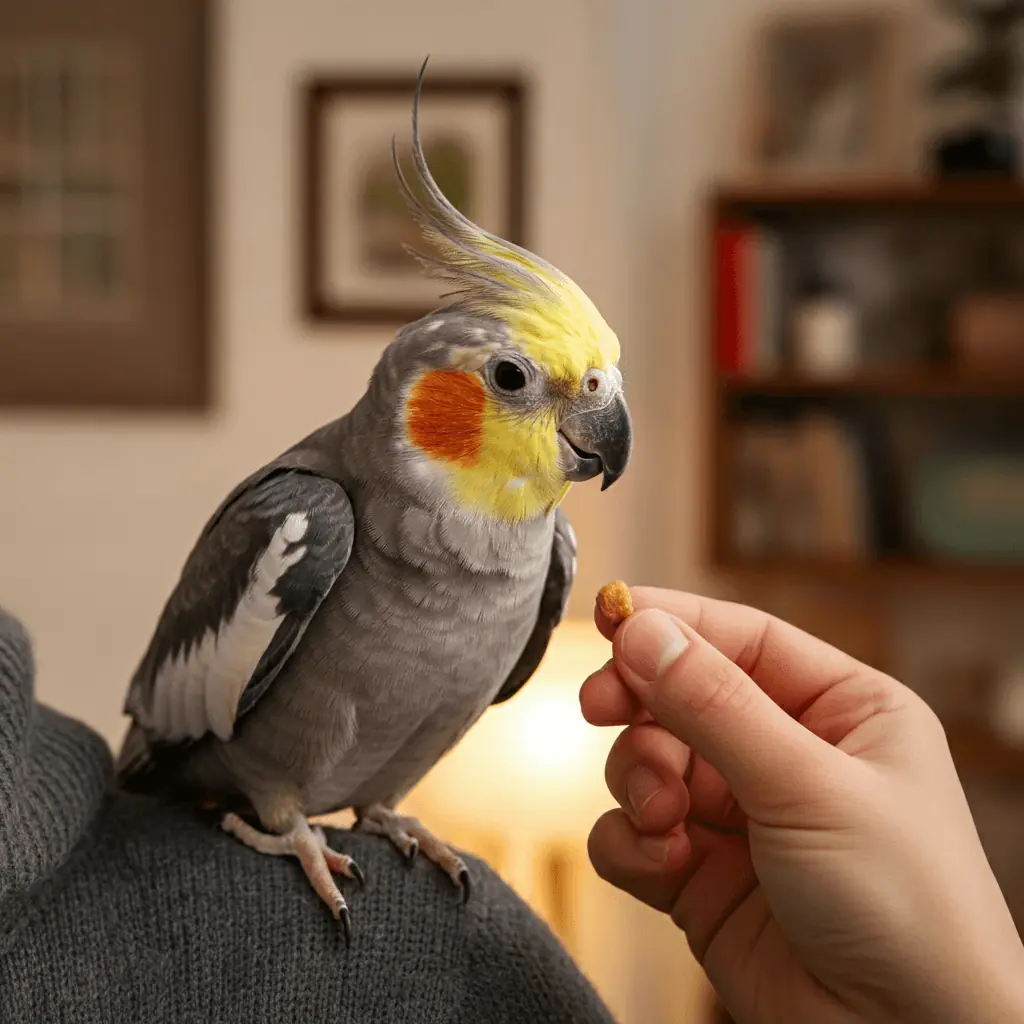 Cockatiel on a human's shoulder taking a treat gently.