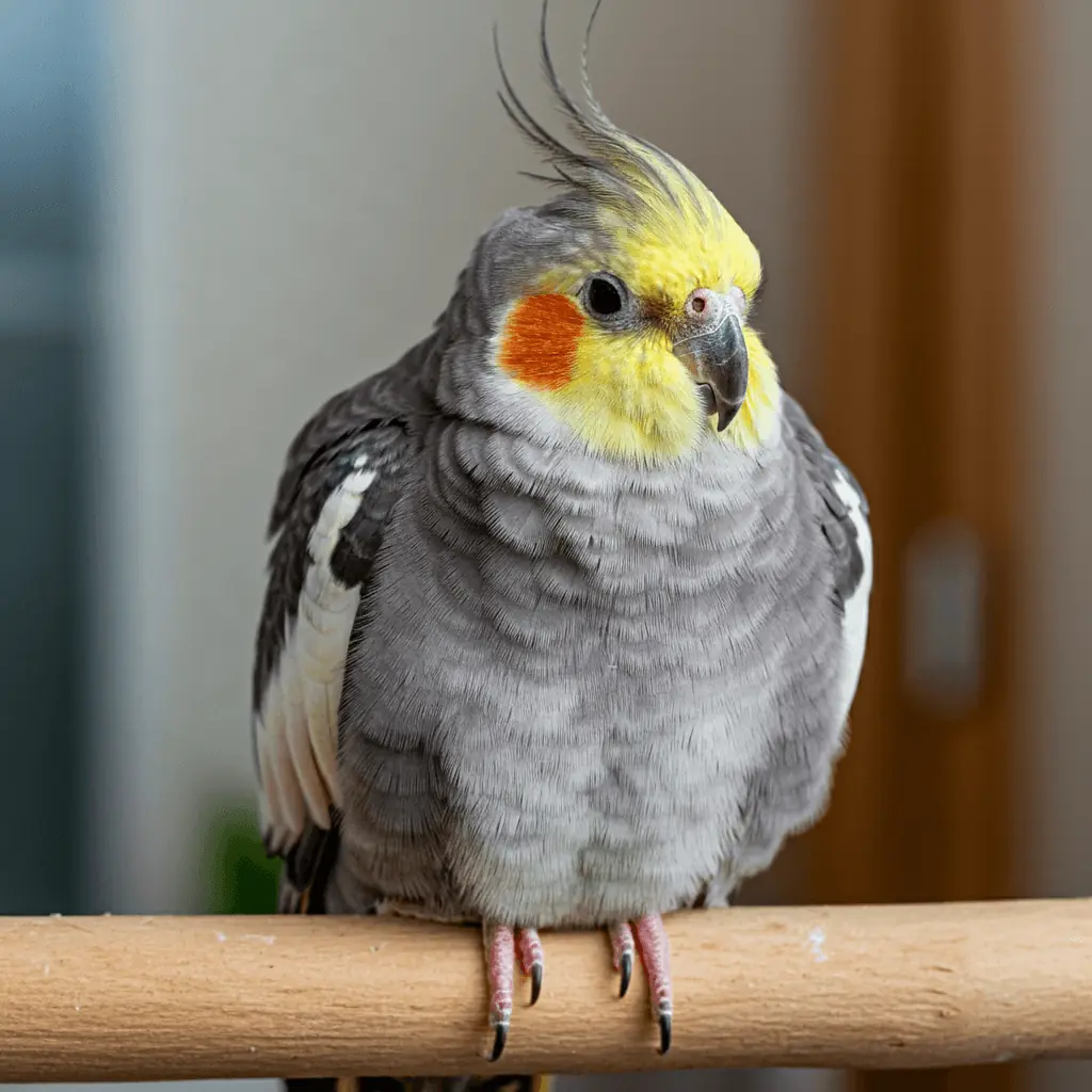 Overweight cockatiel sitting inside a cage.