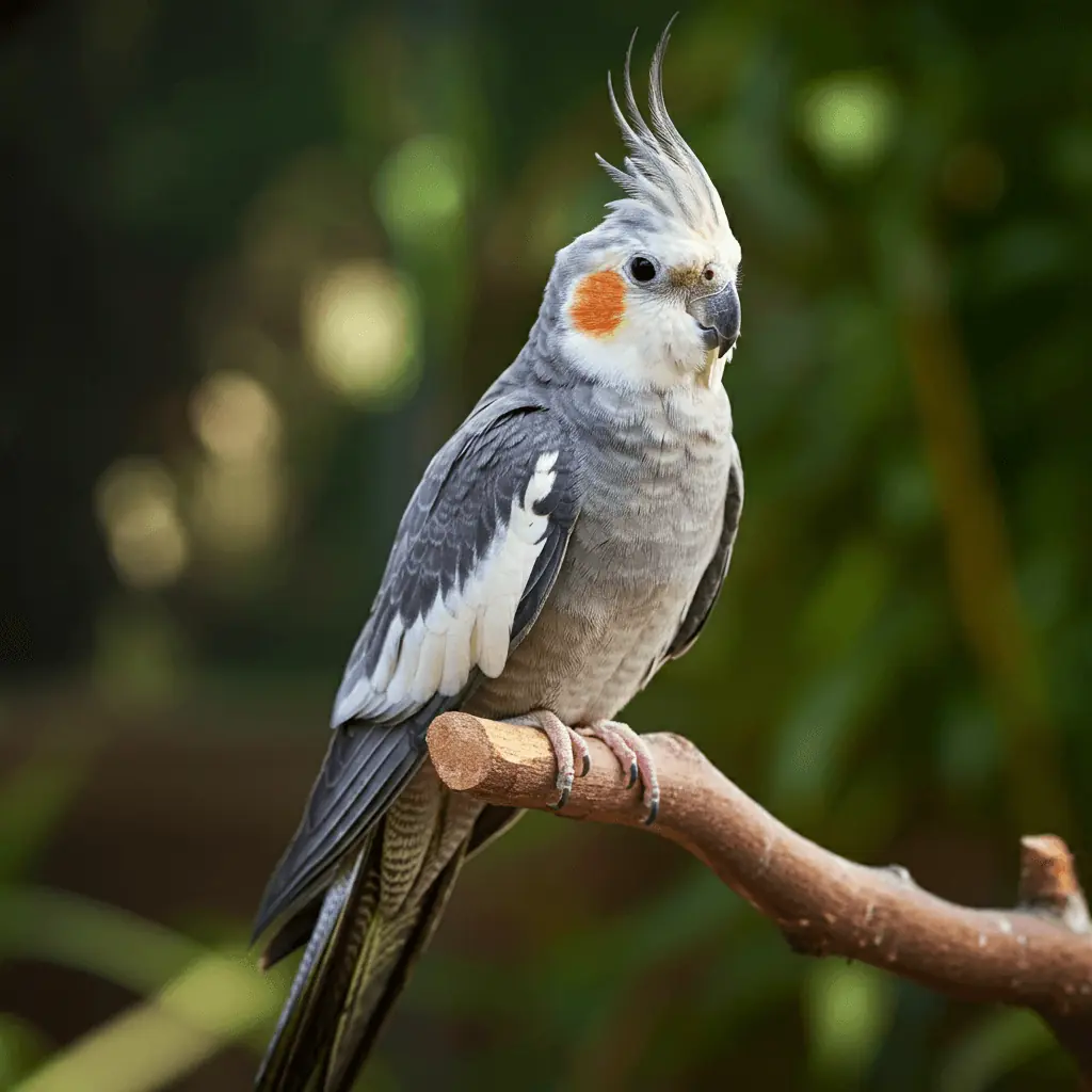 A whiteface cockatiel with elegant white and grey feathers.