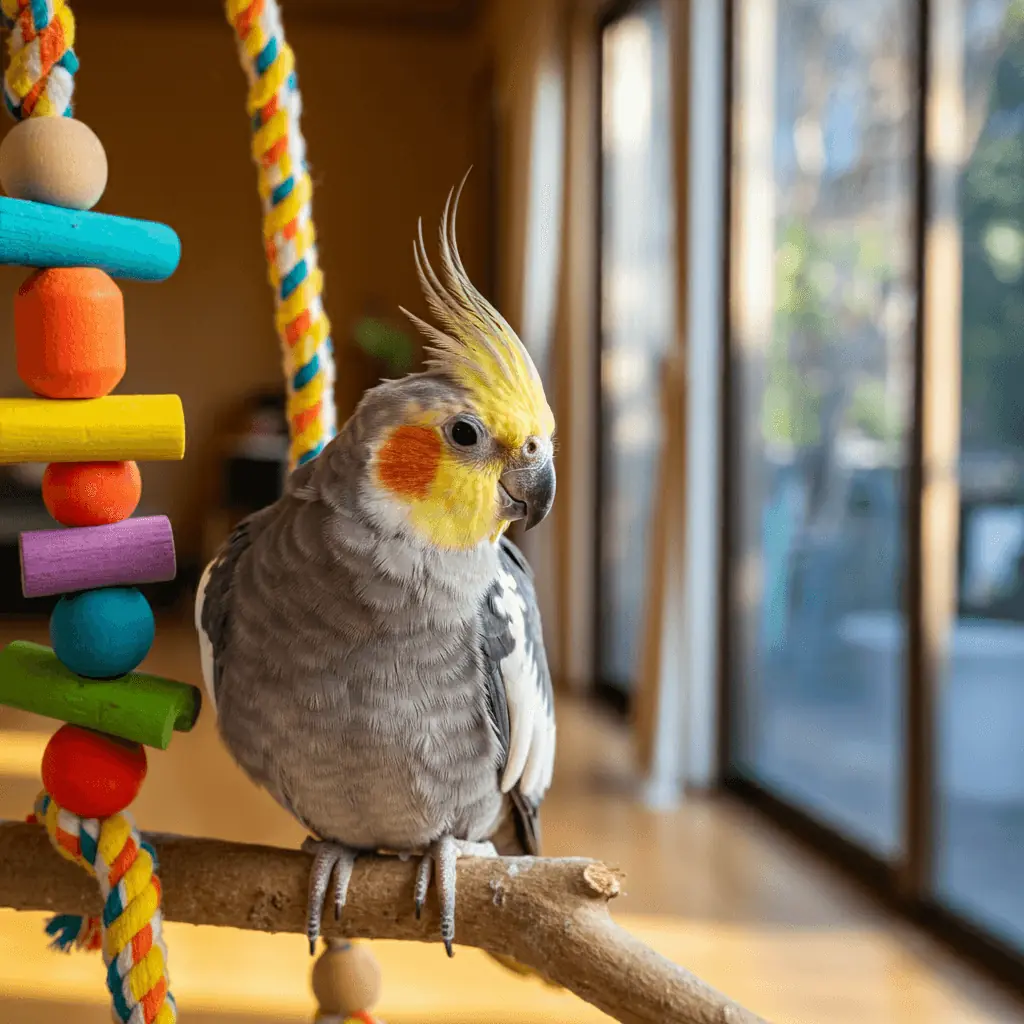 A cockatiel interacts with colorful toys, enhancing its mental and physical well-being.