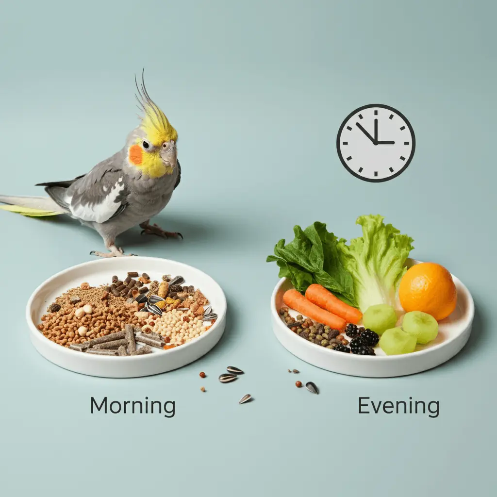 Cockatiel next to plates of morning and evening meals.