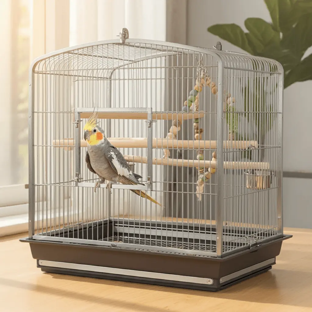 Cockatiel perched inside a spacious cage by a window.