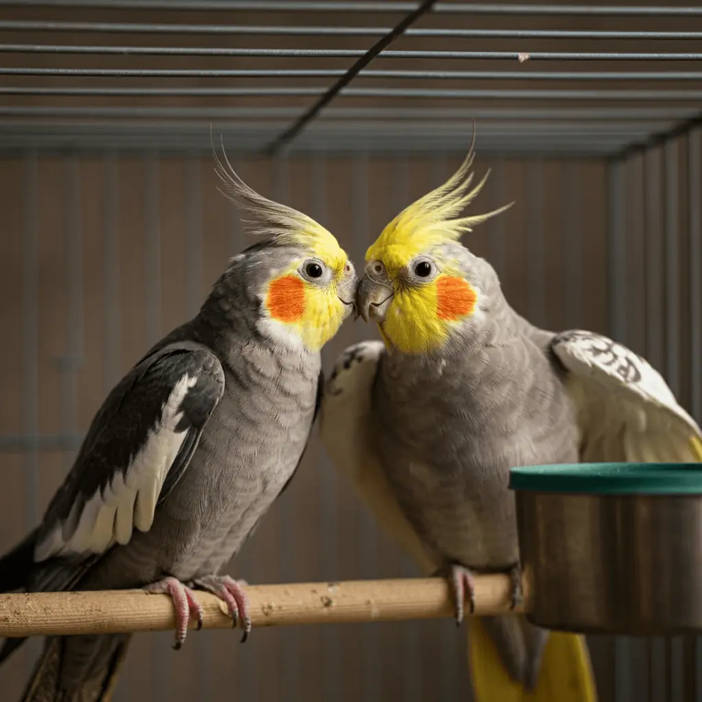 Cockatiel displaying territorial behavior near its nesting area.