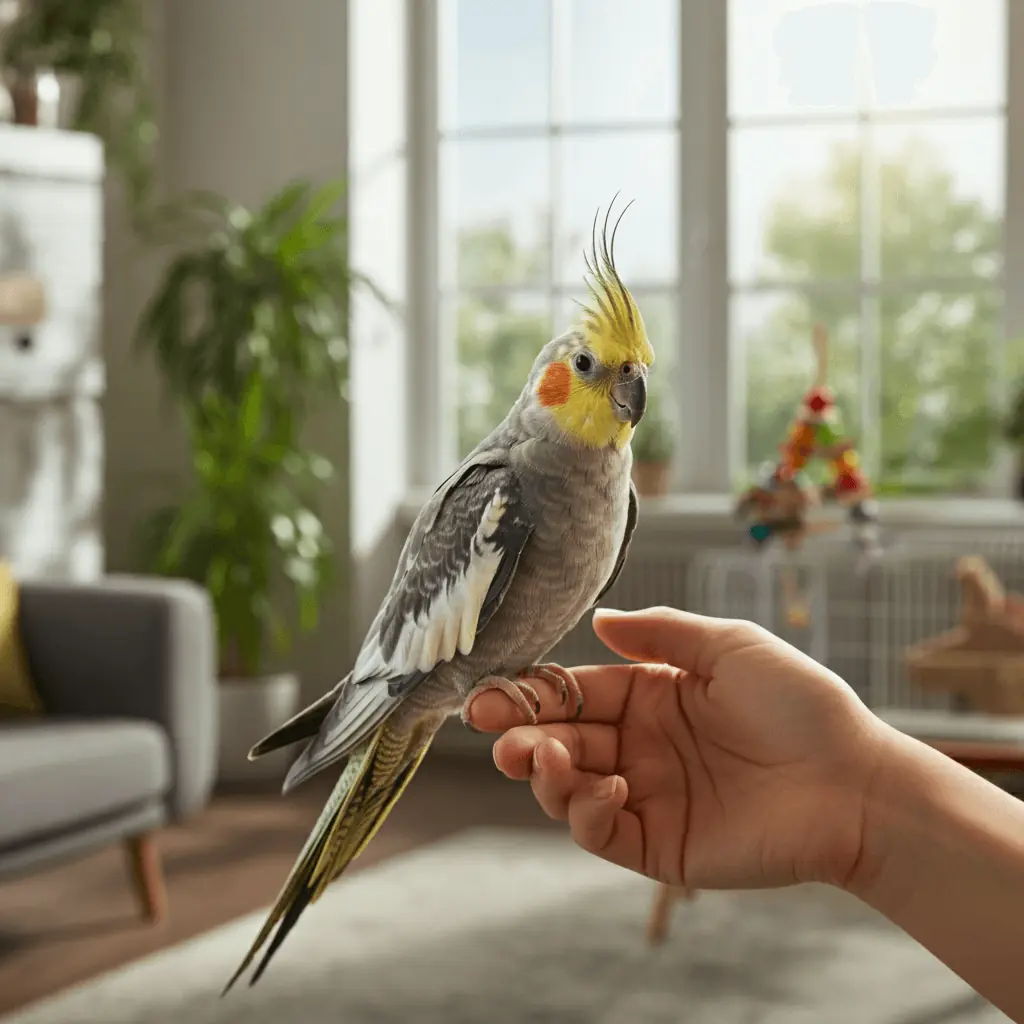 Cockatiel perched on its owner's hand.