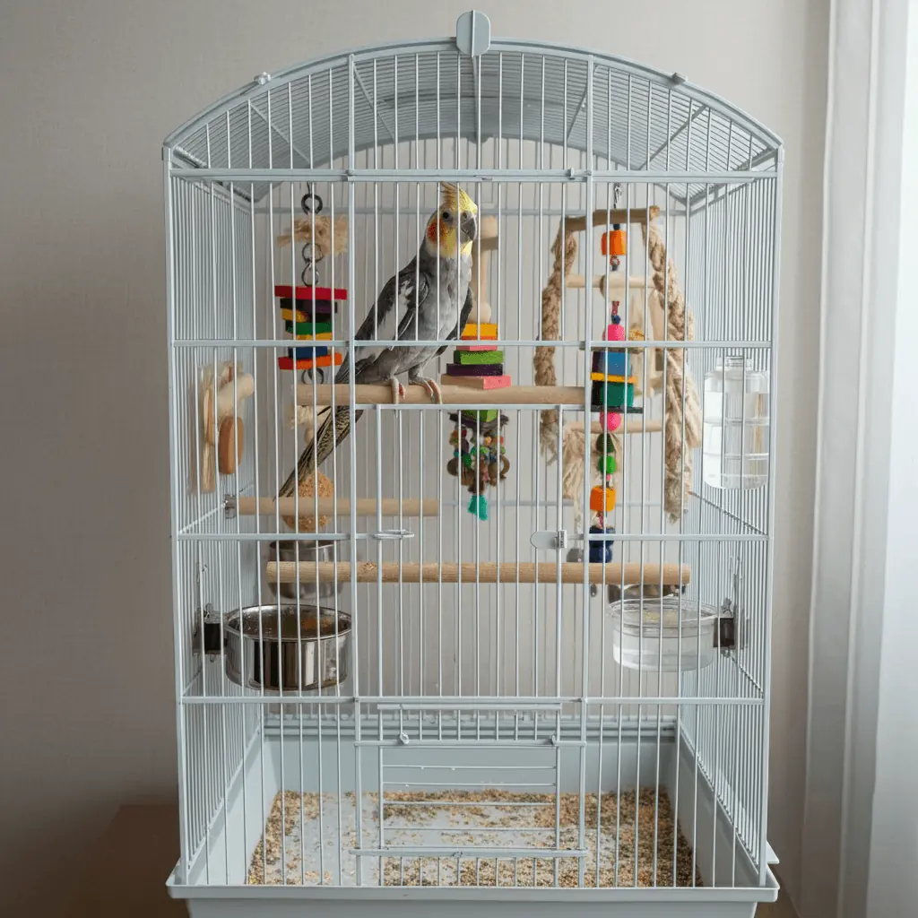 Cockatiel standing inside a clean, well-organized cage.