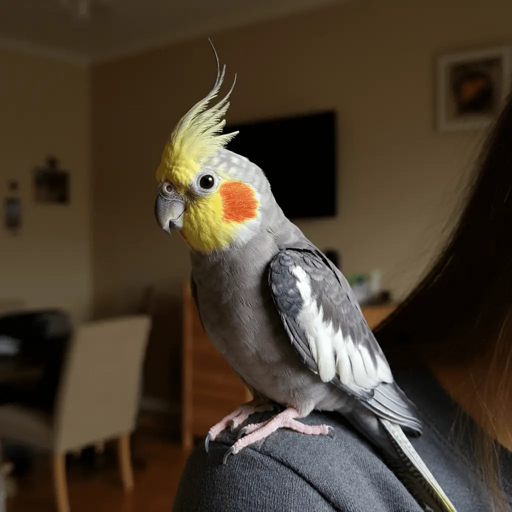 Cockatiel perched on a person’s shoulder, demonstrating trust and bonding.