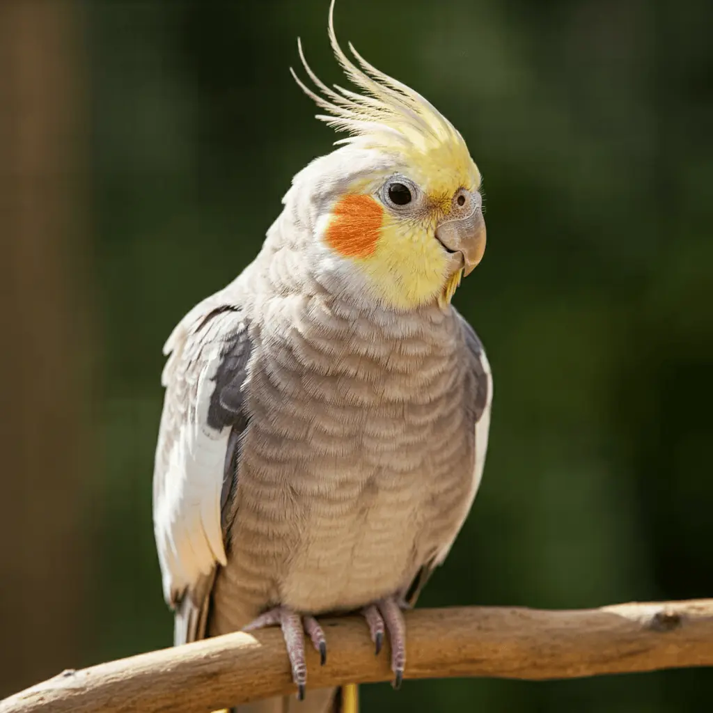 A fallow cockatiel with sandy-brown feathers, perched in a natural setting.