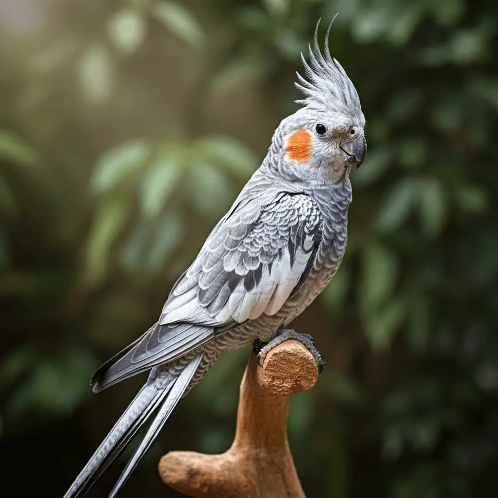 Silver cockatiel showcasing metallic grey feathers on a perch.