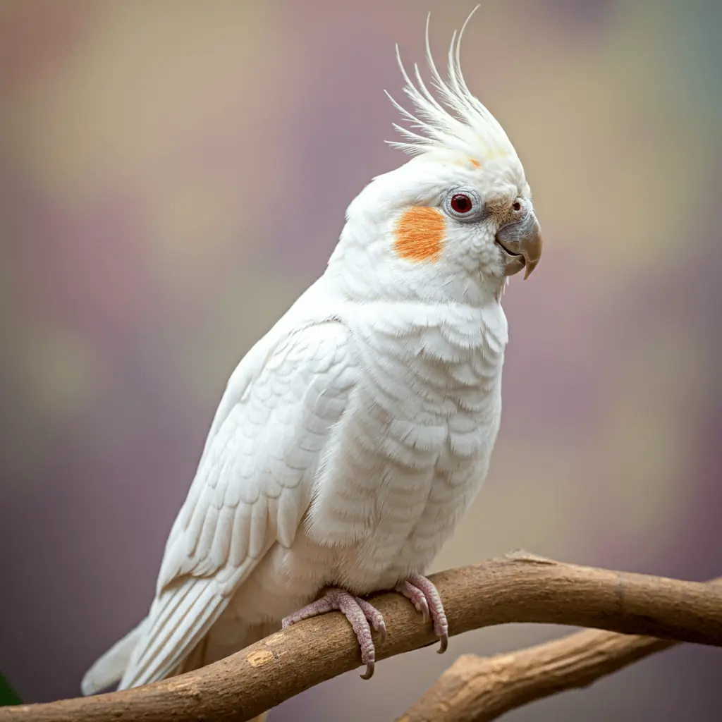 An albino cockatiel with pure white feathers and striking red eyes.