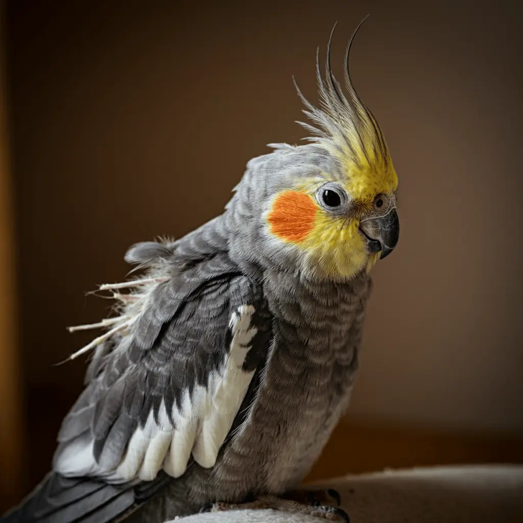 Cockatiel bird showing signs of feather plucking, indicating stress.