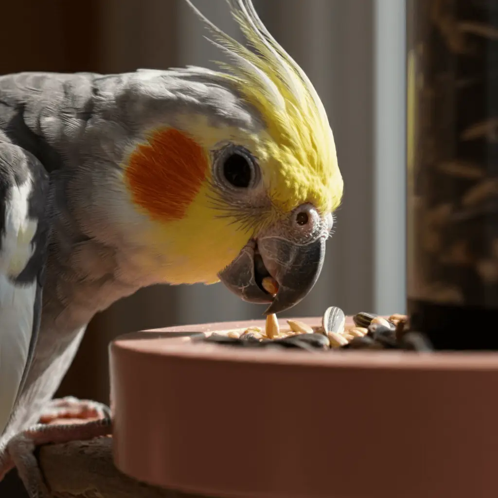 Cockatiel eating seeds from a food dish with its healthy beak.