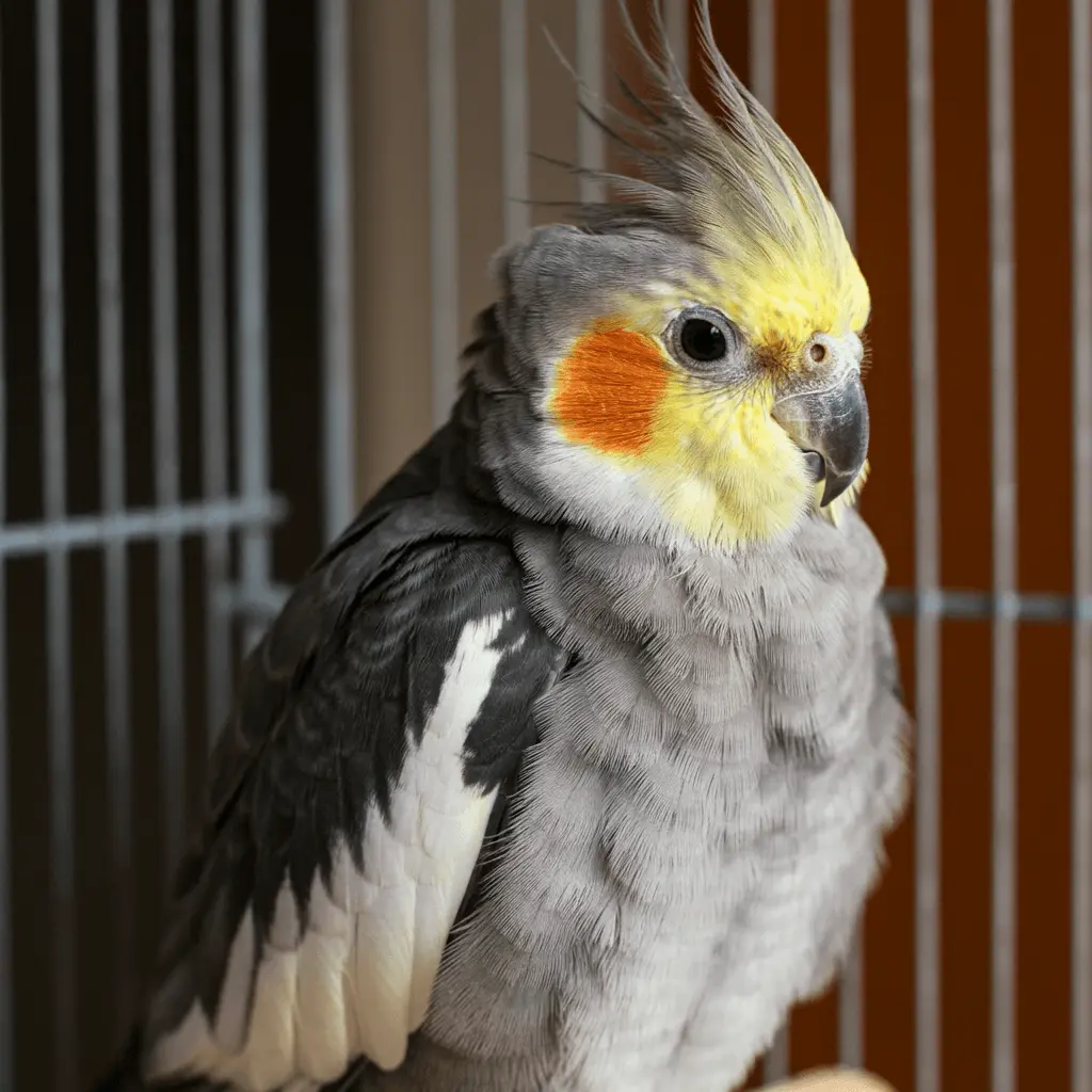 Cockatiel with puffed feathers, a sign of anxiety and stress.