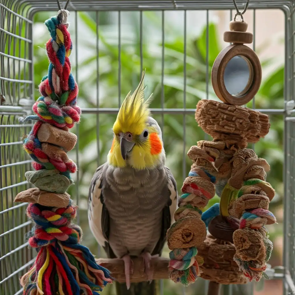 Cockatiel playing with toys in a stimulating cage environment.