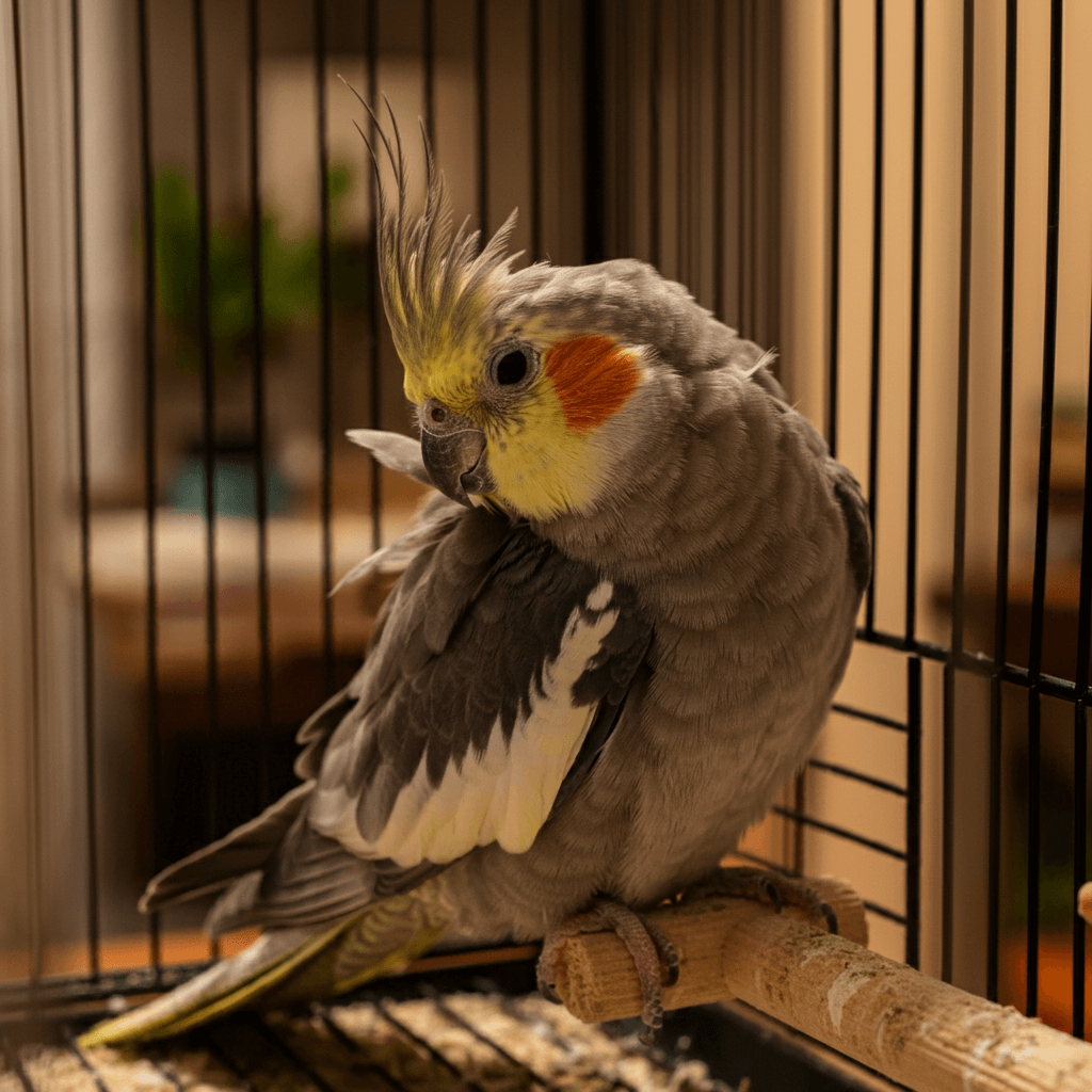 Cockatiel plucking its own feathers due to stress.