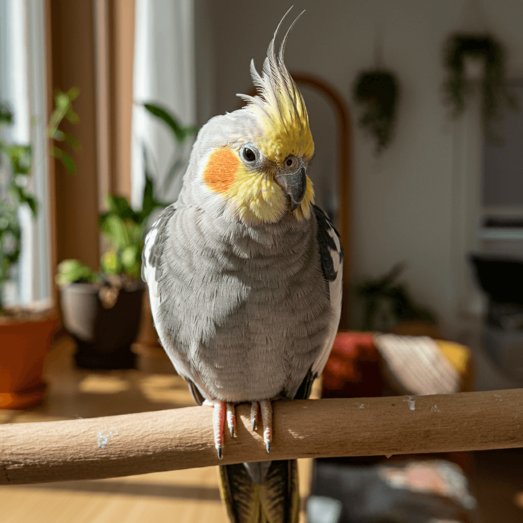 Calm cockatiel sitting peacefully on a perch.