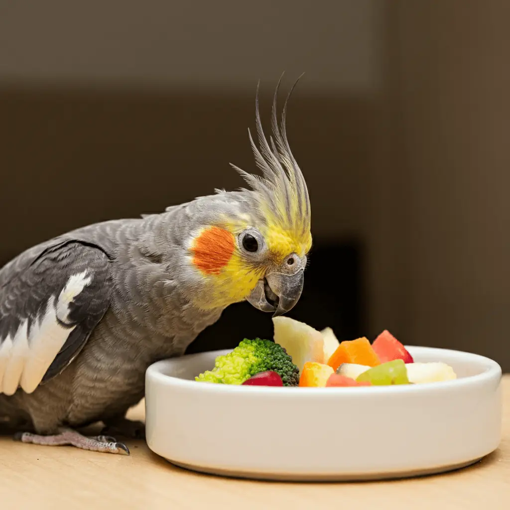 Cockatiel eating fresh fruits and vegetables, promoting a healthy diet.