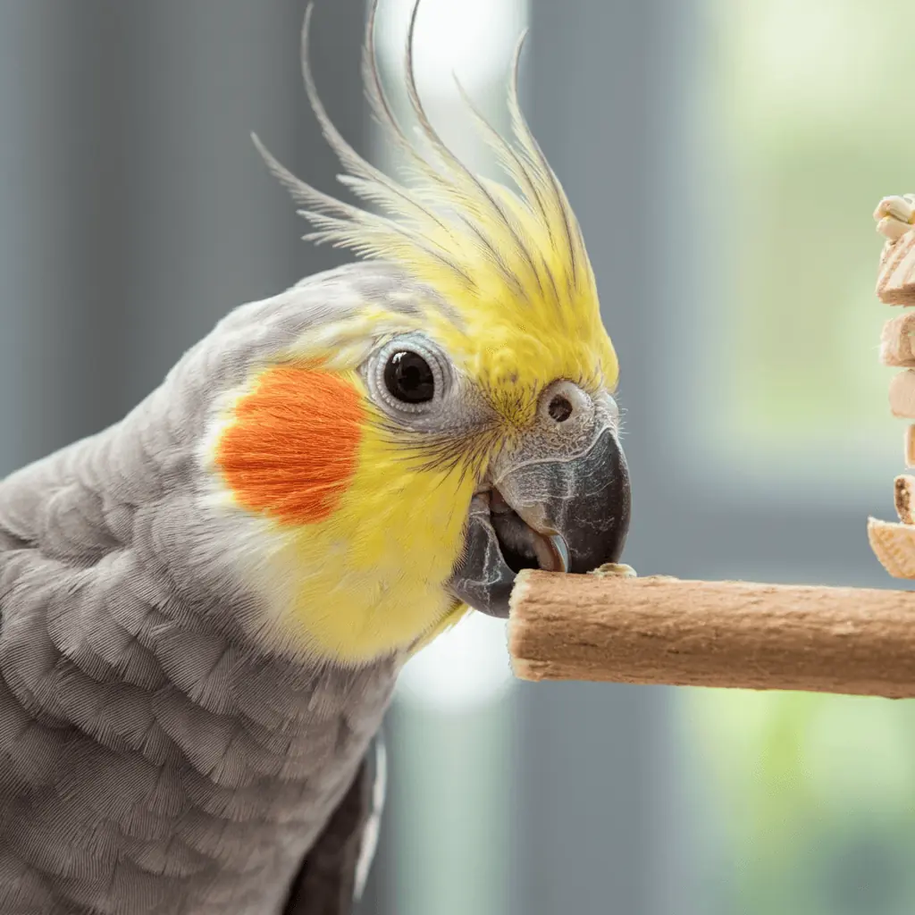 Cockatiel chewing on a safe wooden toy to maintain beak health.