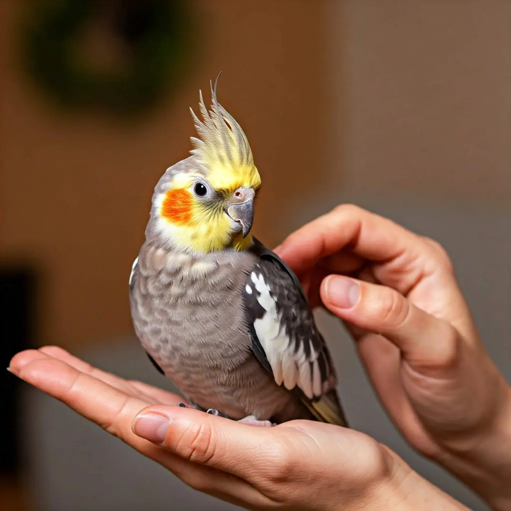 Cockatiel bonding with its owner through gentle hand interaction.