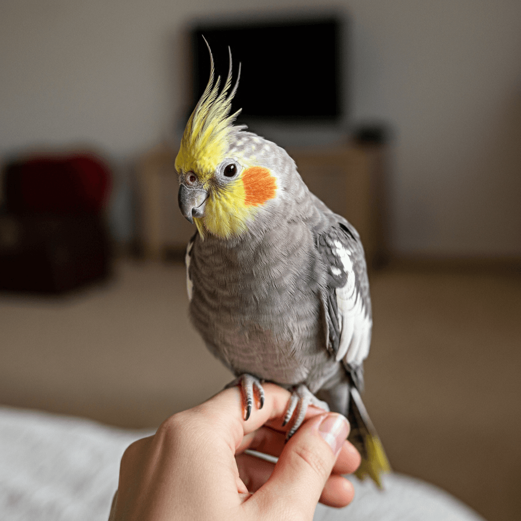 Cockatiel interacting with its owner.