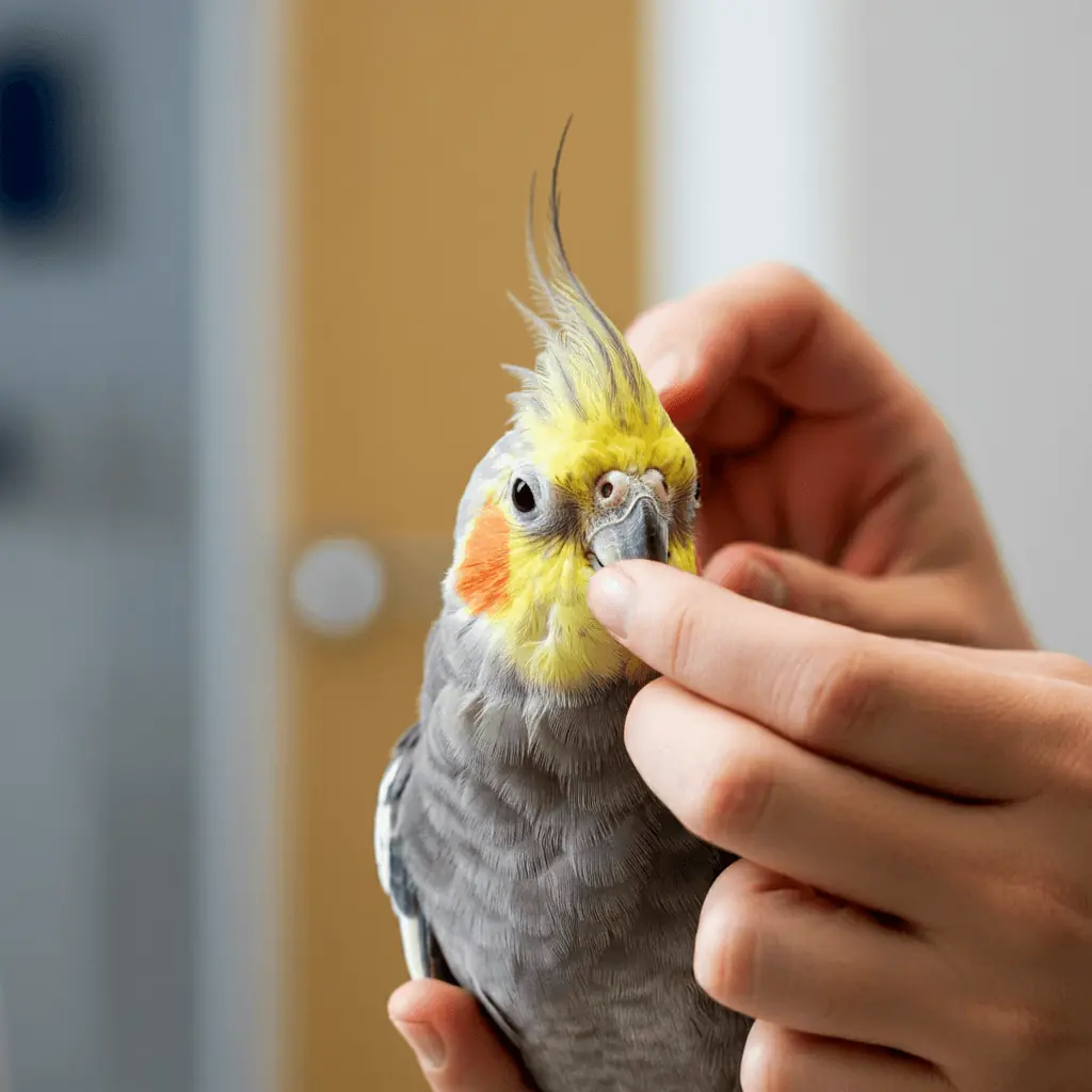 A person inspecting a cockatiel’s beak for signs of overgrowth or injury.