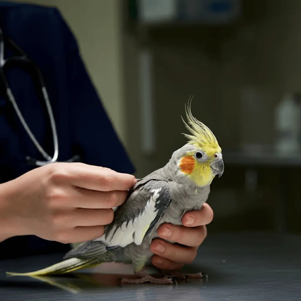 Cockatiel receiving a checkup at the veterinarian.