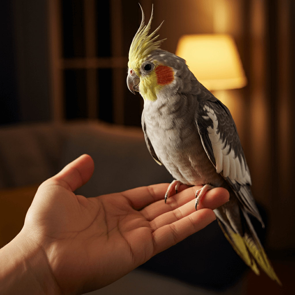 Cockatiel being trained by its owner.