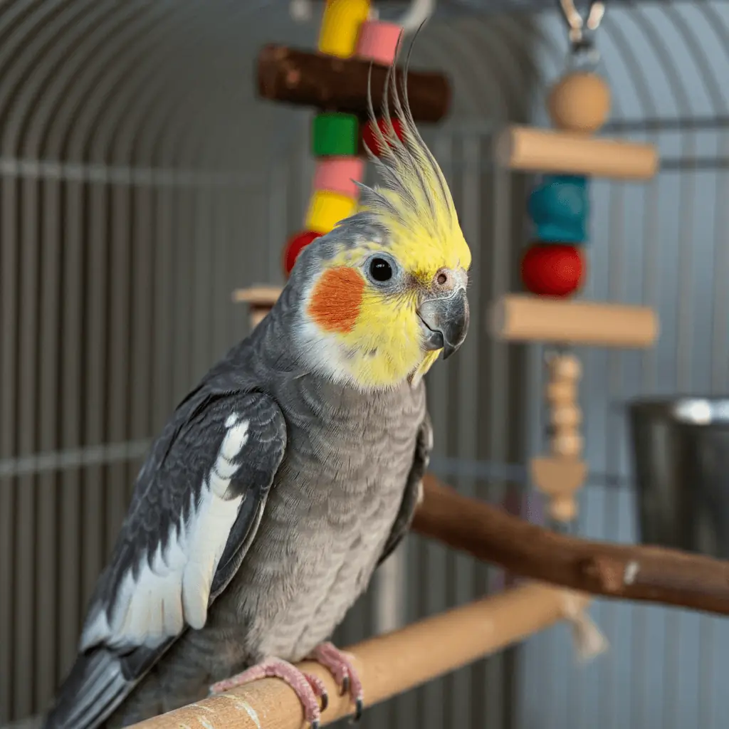 Cockatiel playing with a bird-safe toy in a safe and enriching environment.